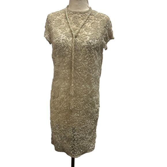 Vintage HandMade in Hong Kong Cream Clear and Pearl Beaded Dress Size 12 - Picture 7 of 9